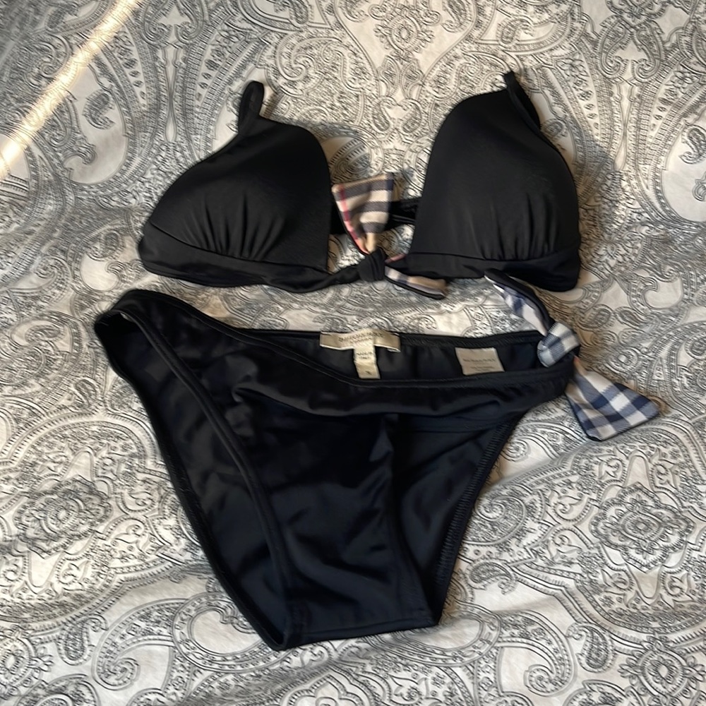 Authentic Burberry Two Piece swimsuit Triangle Bikini Top Black Monogram